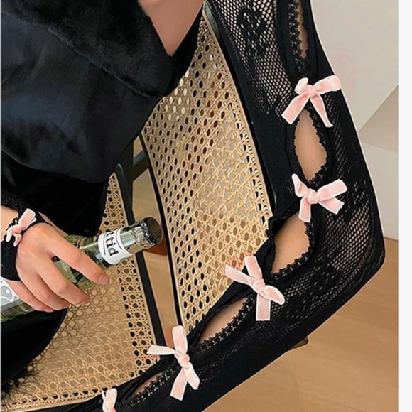 Black lace pink bow long sleeve bolero shrug sweater top NWT gothic Lolita doll - Picture 4 of 5